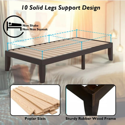 14 Inch Twin Size Solid Rubberwood Platform Bed Frame with Durable Wood Slat Support – Brown