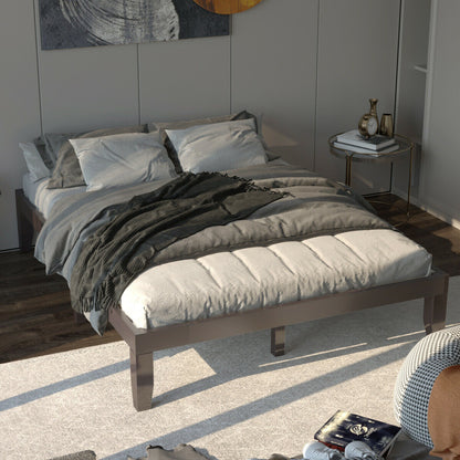 Modern 14 Inch Queen Size Wood Platform Bed Frame with Wood Slat Support - Brown