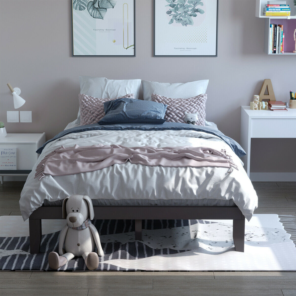 Modern 14 Inch Queen Size Wood Platform Bed Frame with Wood Slat Support - Brown