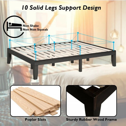 Modern 14 Inch Queen Size Wood Platform Bed Frame with Wood Slat Support - Brown