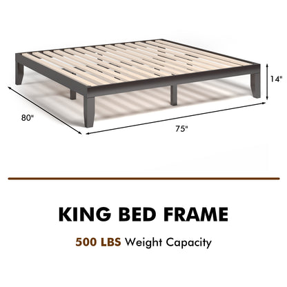 Modern 14 Inch King Size Wood Platform Bed Frame with Wood Slat Support - Brown
