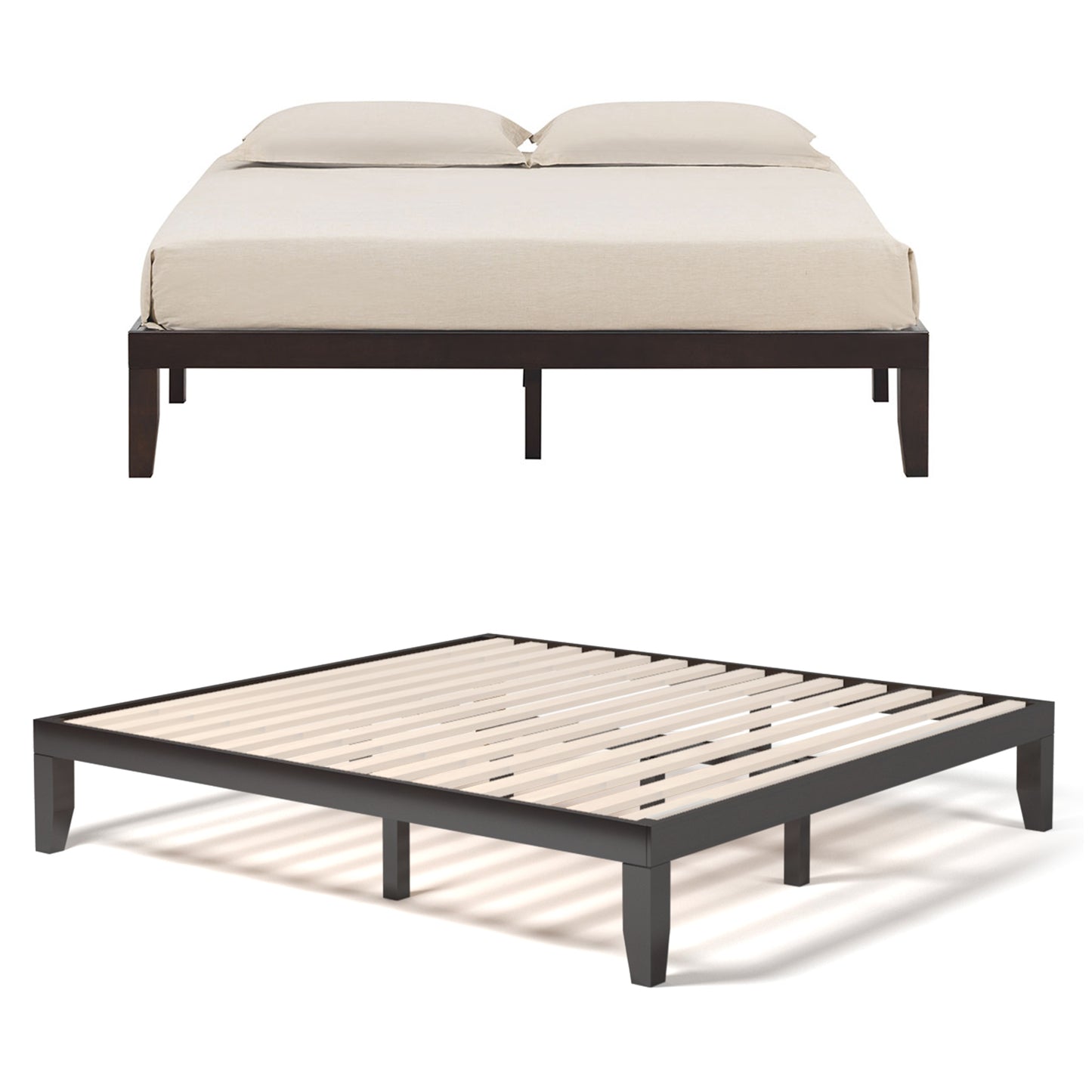 Modern 14 Inch King Size Wood Platform Bed Frame with Wood Slat Support - Brown