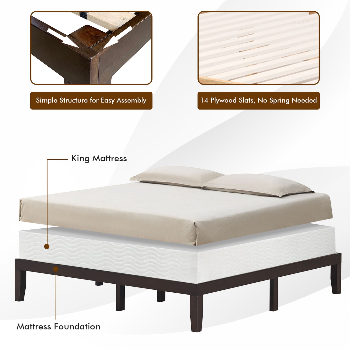 Modern 14 Inch King Size Wood Platform Bed Frame with Wood Slat Support - Brown