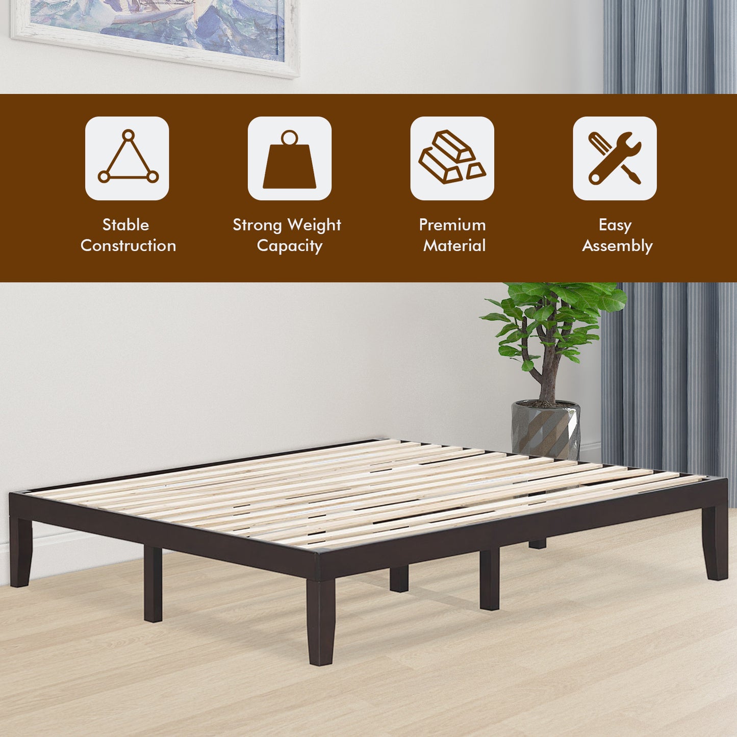 Modern 14 Inch King Size Wood Platform Bed Frame with Wood Slat Support - Brown