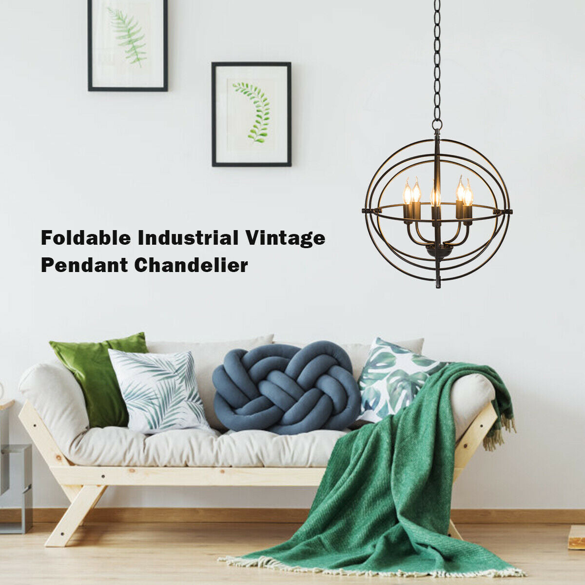 Sleek 20 Inch 5 Light Chandelier Featuring Pivoting Metal Rings