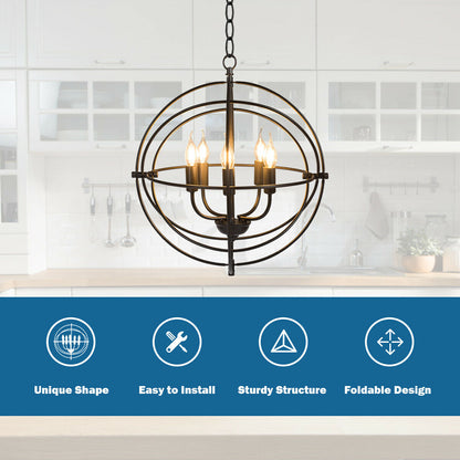 Sleek 20 Inch 5 Light Chandelier Featuring Pivoting Metal Rings