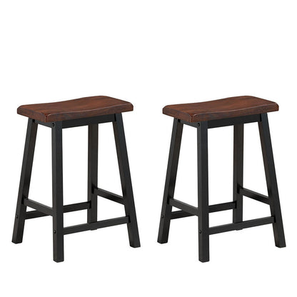 Set of 2 24 Inch Wooden Saddle Seat Bar Stools for Kitchen and Dining Room, Brown