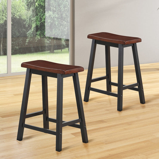 Set of 2 24 Inch Wooden Saddle Seat Bar Stools for Kitchen and Dining Room, Brown