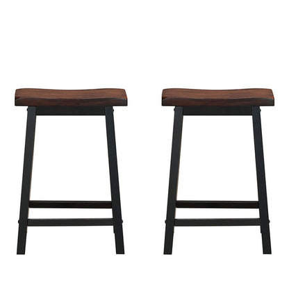 Set of 2 24 Inch Wooden Saddle Seat Bar Stools for Kitchen and Dining Room, Brown