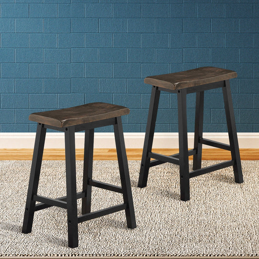 Set of 2 24 Inch Wooden Saddle Seat Bar Stools for Kitchen and Dining Room, Grey