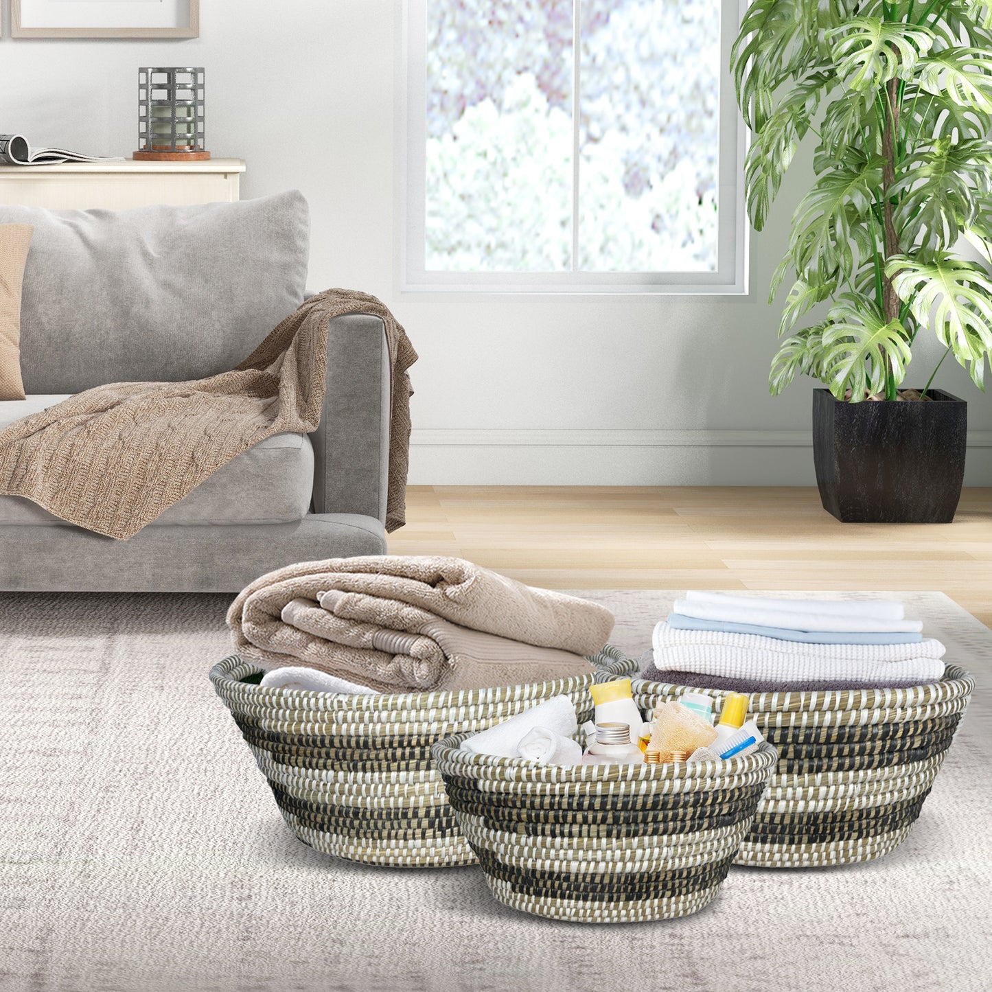 Bohemian Natural Canes Grass Storage Baskets Set of 3 with Hollow Handles