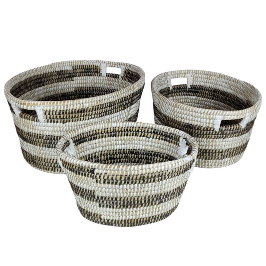 Bohemian Natural Canes Grass Storage Baskets Set of 3 with Hollow Handles