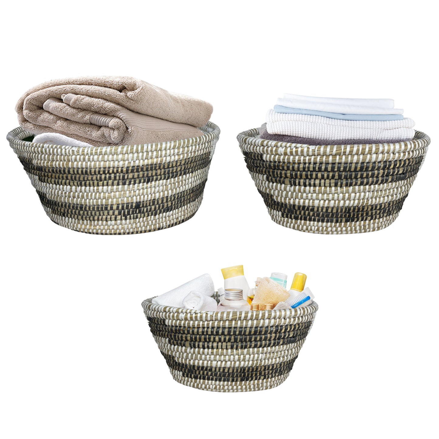 Bohemian Natural Canes Grass Storage Baskets Set of 3 with Hollow Handles