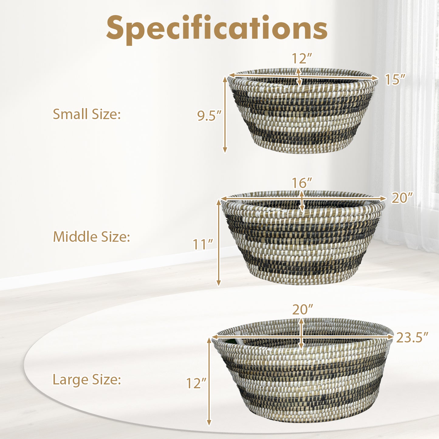 Bohemian Natural Canes Grass Storage Baskets Set of 3 with Hollow Handles