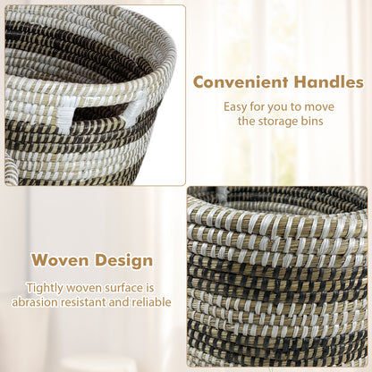 Bohemian Natural Canes Grass Storage Baskets Set of 3 with Hollow Handles