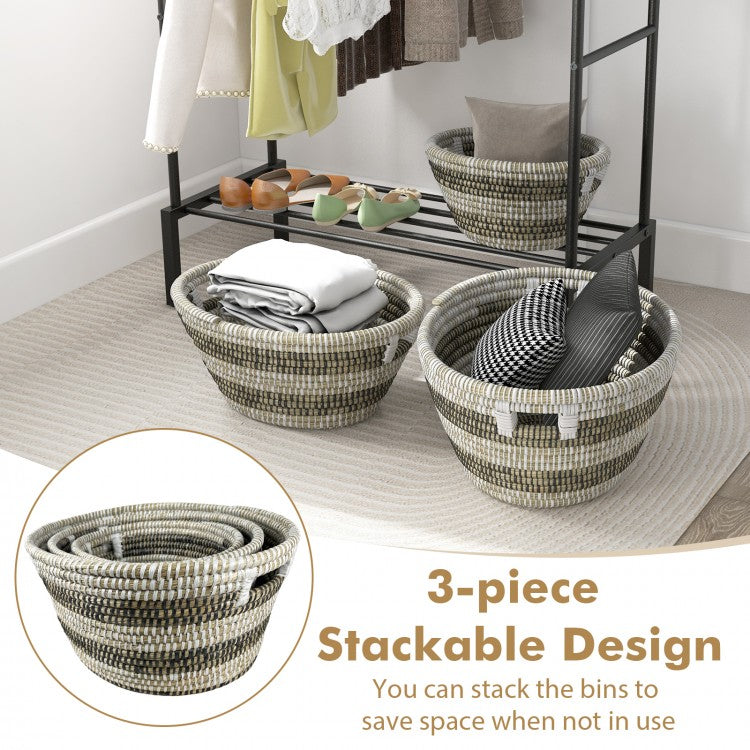 Bohemian Natural Canes Grass Storage Baskets Set of 3 with Hollow Handles