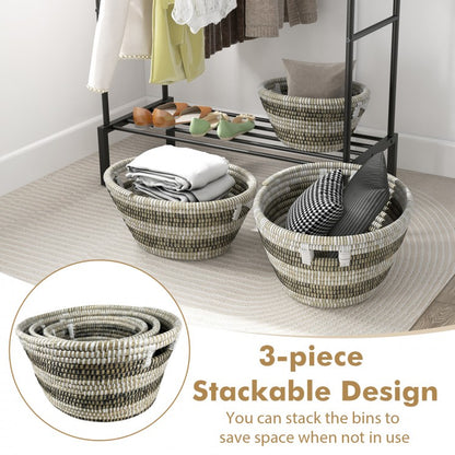 Bohemian Natural Canes Grass Storage Baskets Set of 3 with Hollow Handles