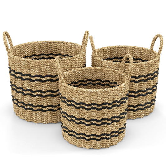 Set of 3 Stackable Storage Baskets, Natural Seaweed & Jute Bins with Handles