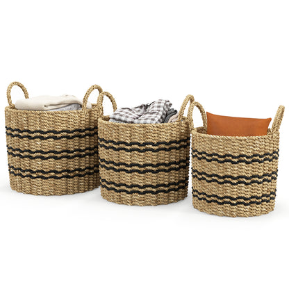 Set of 3 Stackable Storage Baskets, Natural Seaweed & Jute Bins with Handles