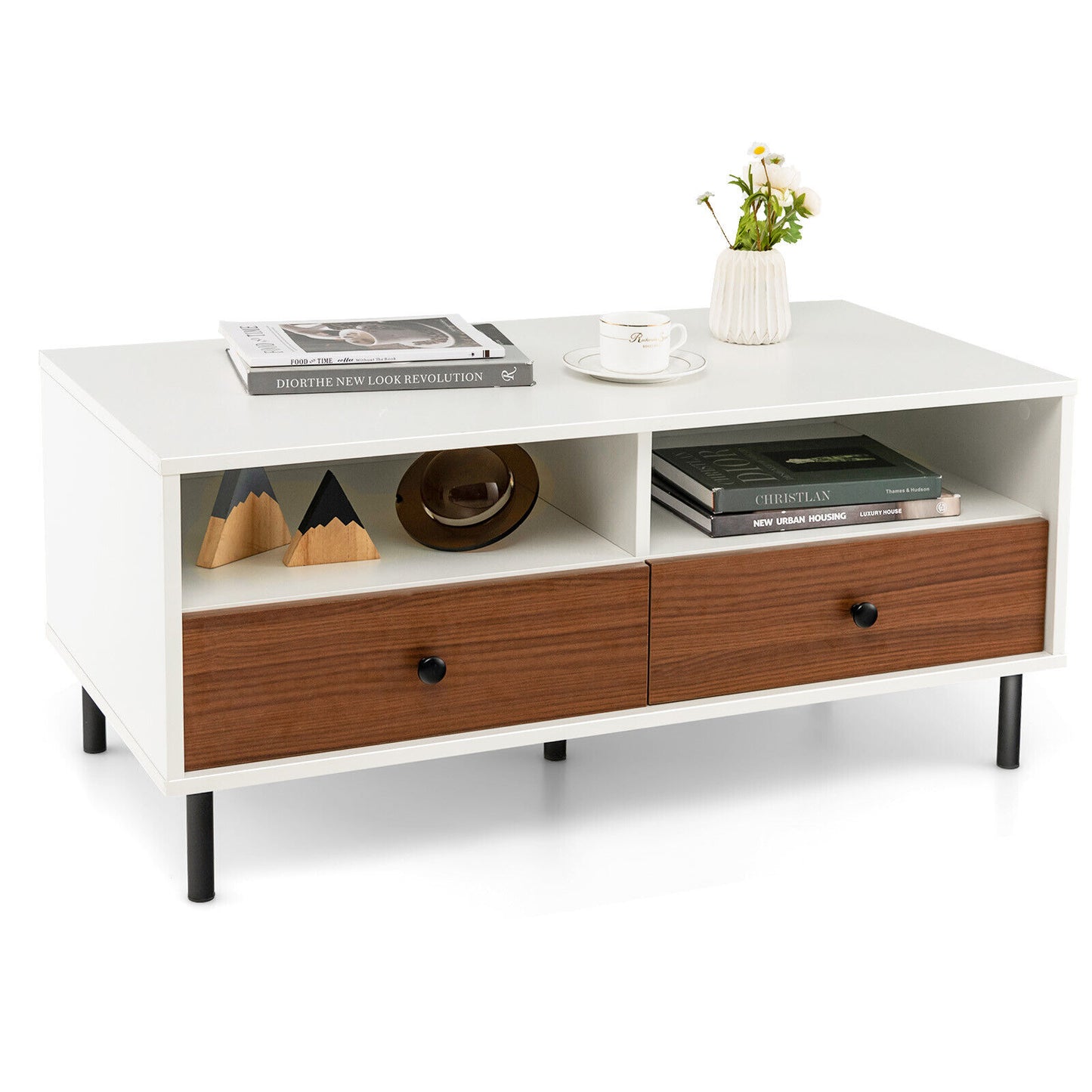 40 Inch Modern Coffee Table with Open Shelf and Enclosed Drawer Storage