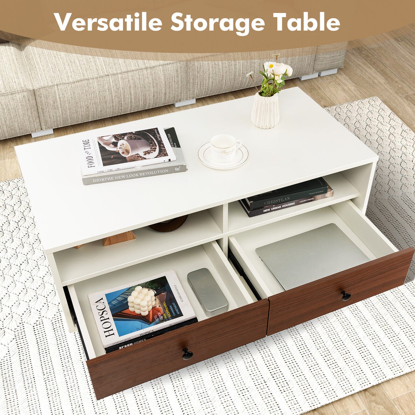 40 Inch Modern Coffee Table with Open Shelf and Enclosed Drawer Storage
