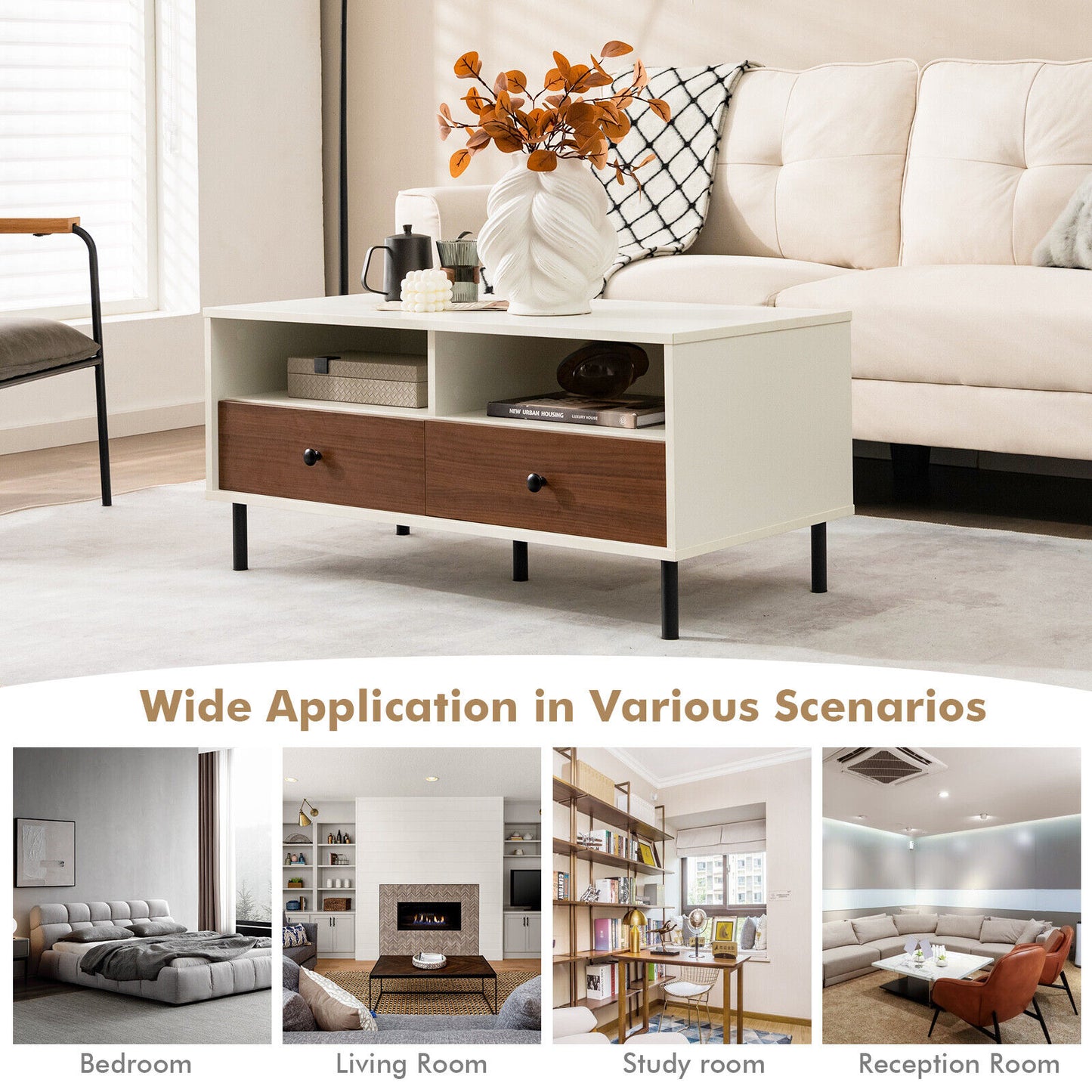 40 Inch Modern Coffee Table with Open Shelf and Enclosed Drawer Storage