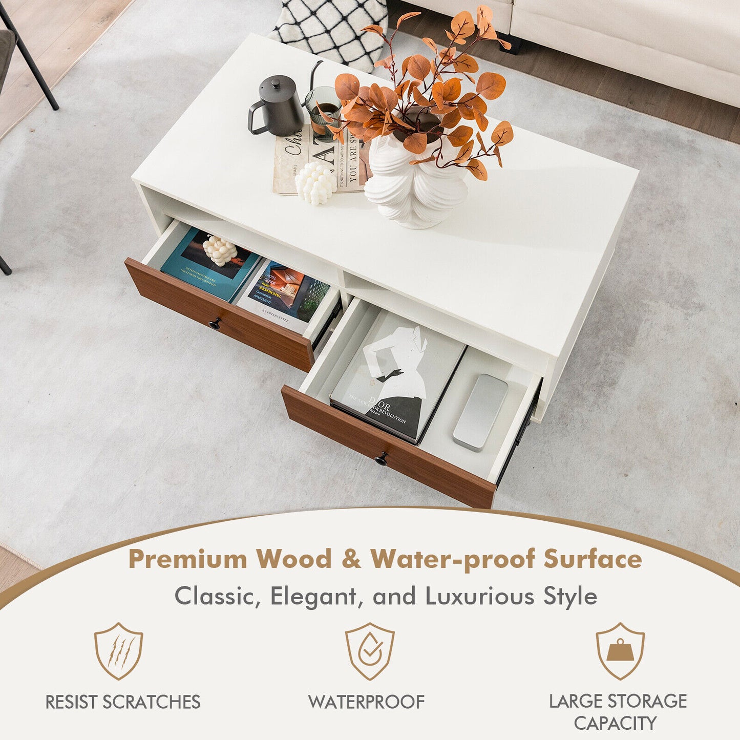 40 Inch Modern Coffee Table with Open Shelf and Enclosed Drawer Storage