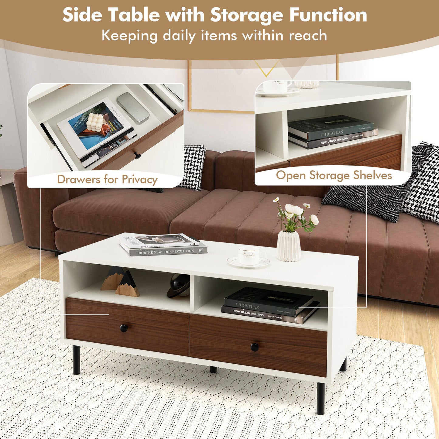 40 Inch Modern Coffee Table with Open Shelf and Enclosed Drawer Storage