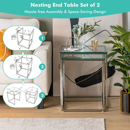 Set of 2 Modern Nesting Coffee Tables with Tempered Glass Tops and Steel Frames