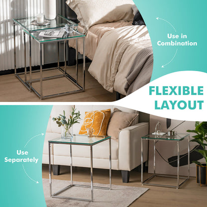 Set of 2 Modern Nesting Coffee Tables with Tempered Glass Tops and Steel Frames