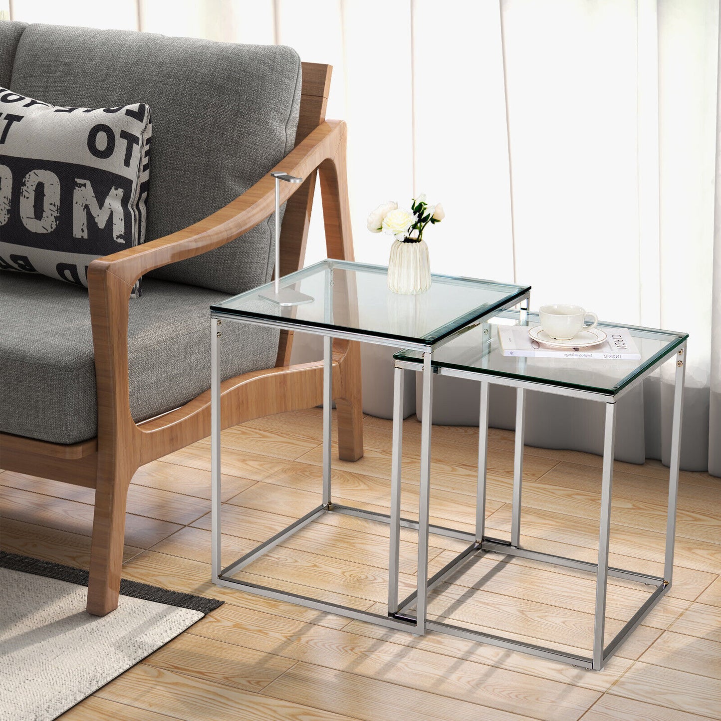Set of 2 Modern Nesting Coffee Tables with Tempered Glass Tops and Steel Frames