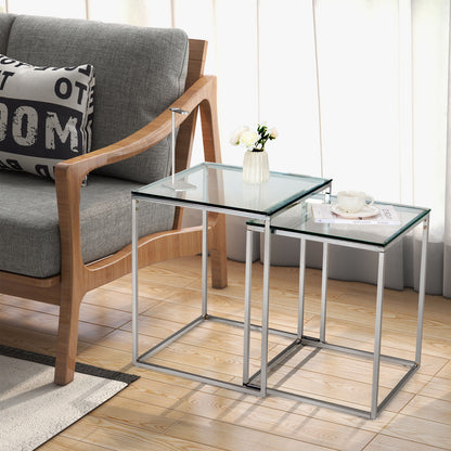 Set of 2 Modern Nesting Coffee Tables with Tempered Glass Tops and Steel Frames