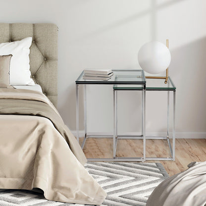 Set of 2 Modern Nesting Coffee Tables with Tempered Glass Tops and Steel Frames