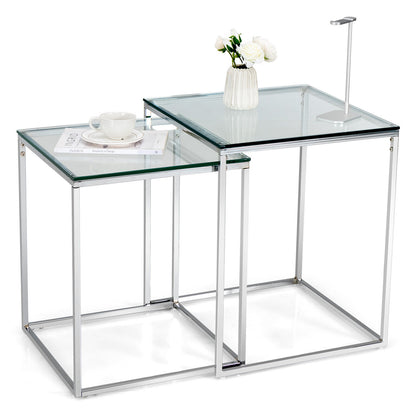 Set of 2 Modern Nesting Coffee Tables with Tempered Glass Tops and Steel Frames