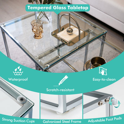 Set of 2 Modern Nesting Coffee Tables with Tempered Glass Tops and Steel Frames