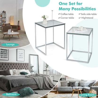 Set of 2 Modern Nesting Coffee Tables with Tempered Glass Tops and Steel Frames