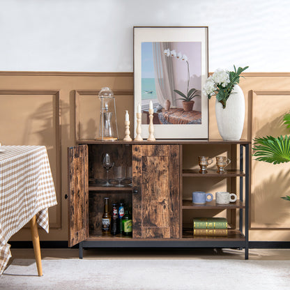 Rustic Industrial Buffet Sideboard with Storage Shelves for Kitchen and Dining Room