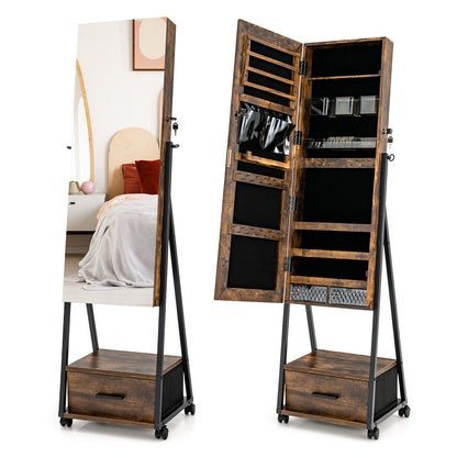 Freestanding Jewelry Armoire with Full-Length Mirror and Lockable Storage – Brown
