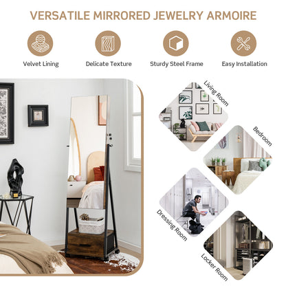 Freestanding Jewelry Armoire with Full-Length Mirror and Lockable Storage – Brown
