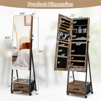 Freestanding Jewelry Armoire with Full-Length Mirror and Lockable Storage – Brown