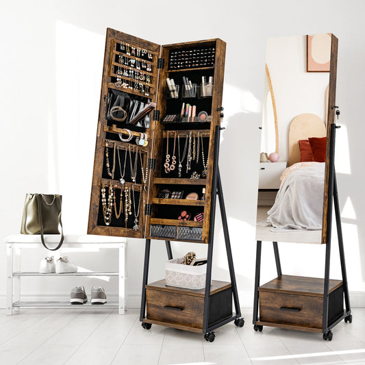 Freestanding Jewelry Armoire with Full-Length Mirror and Lockable Storage – Brown