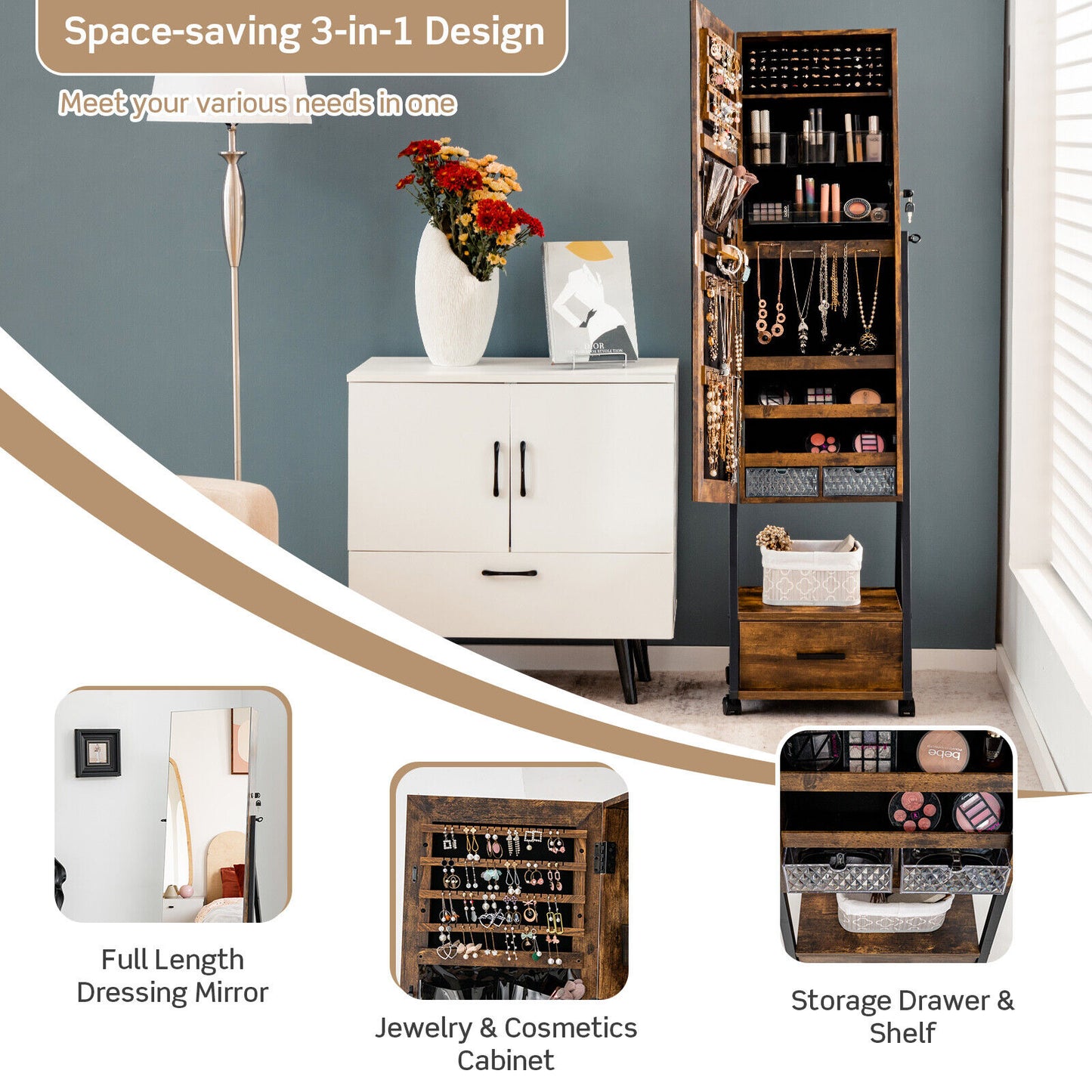 Freestanding Jewelry Armoire with Full-Length Mirror and Lockable Storage – Brown