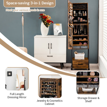 Freestanding Jewelry Armoire with Full-Length Mirror and Lockable Storage – Brown