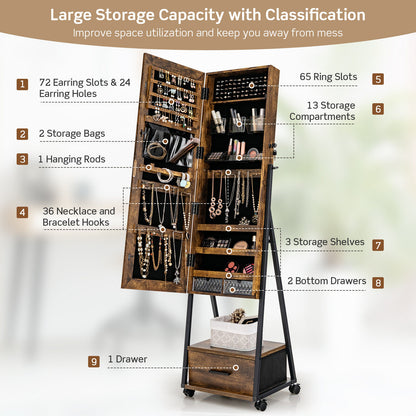 Freestanding Jewelry Armoire with Full-Length Mirror and Lockable Storage – Brown