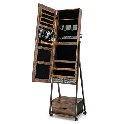 Freestanding Jewelry Armoire with Full-Length Mirror and Lockable Storage – Brown