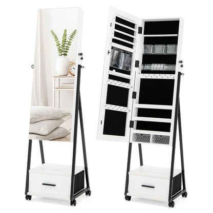 Freestanding Jewelry Armoire with Full-Length Mirror and Lockable Storage – White