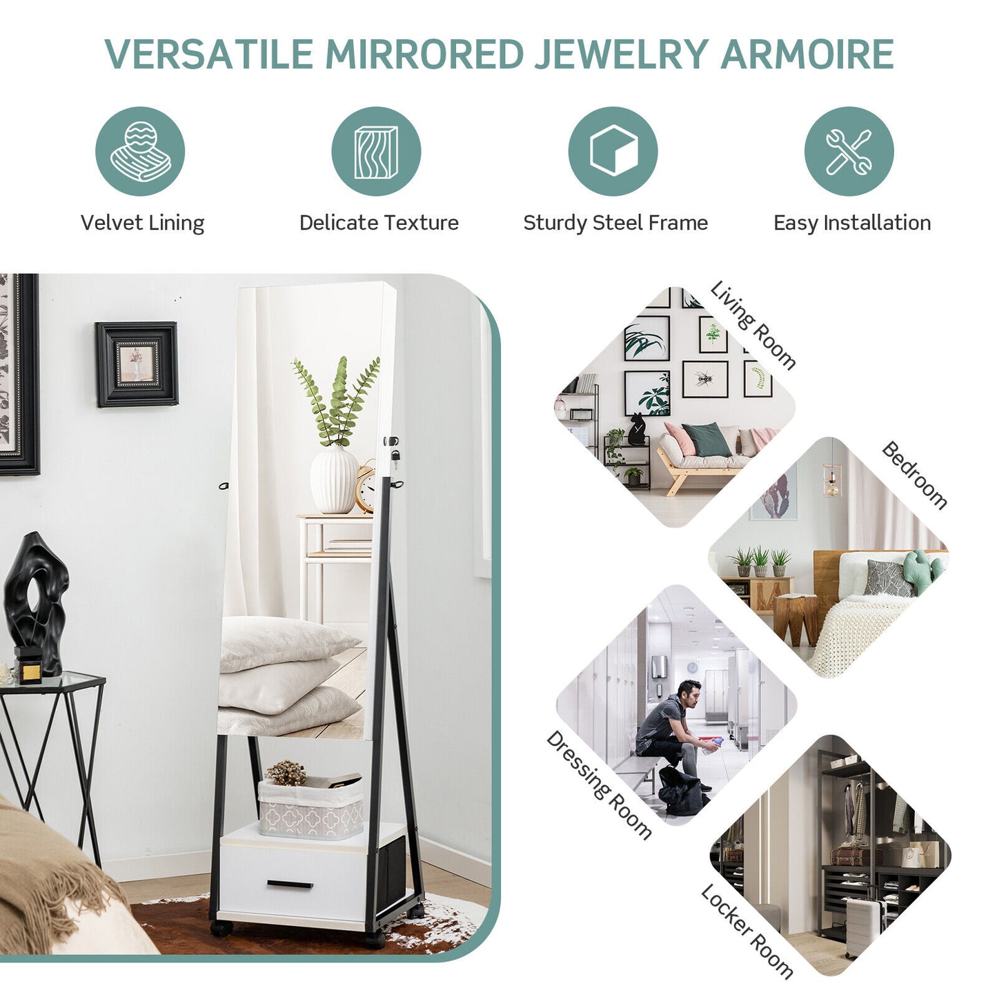 Freestanding Jewelry Armoire with Full-Length Mirror and Lockable Storage – White