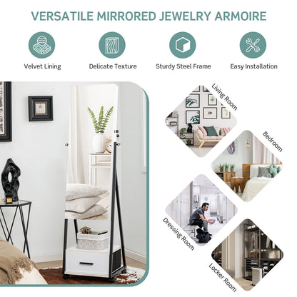 Freestanding Jewelry Armoire with Full-Length Mirror and Lockable Storage – White