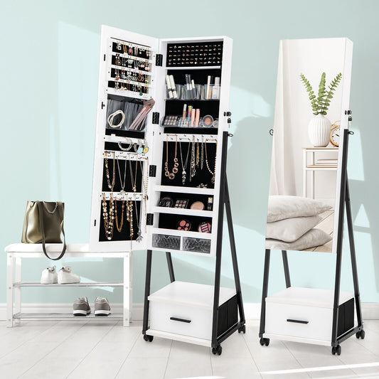 Freestanding Jewelry Armoire with Full-Length Mirror and Lockable Storage – White