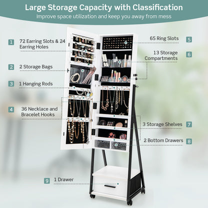 Freestanding Jewelry Armoire with Full-Length Mirror and Lockable Storage – White